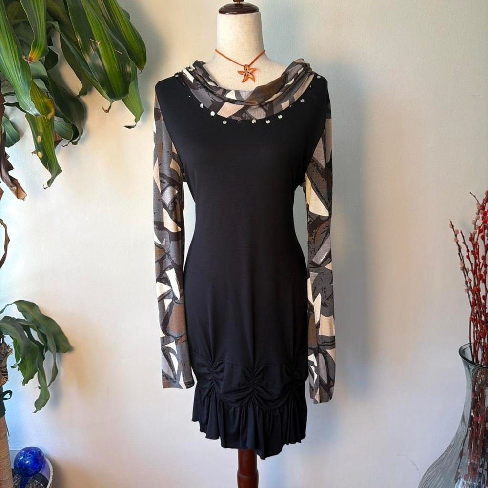 Sao Paulo Black Artsy Sequin Cowl Neck Ruffle Dress Geometric Long Sleeve Size 6